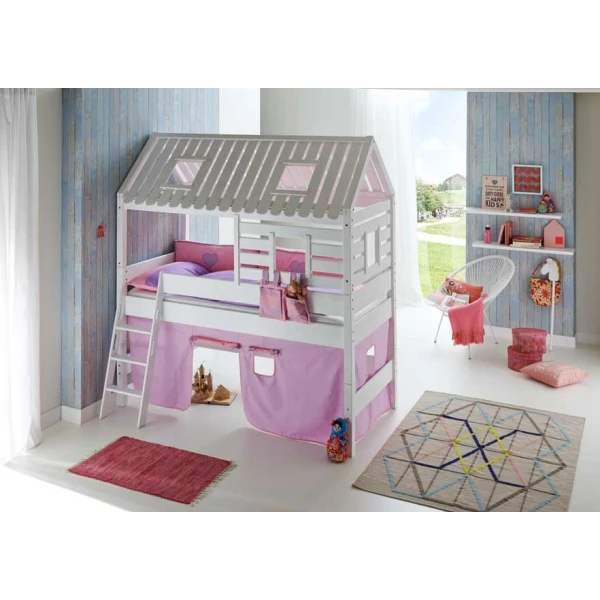 Lit Cabane avec toboggan lila rose