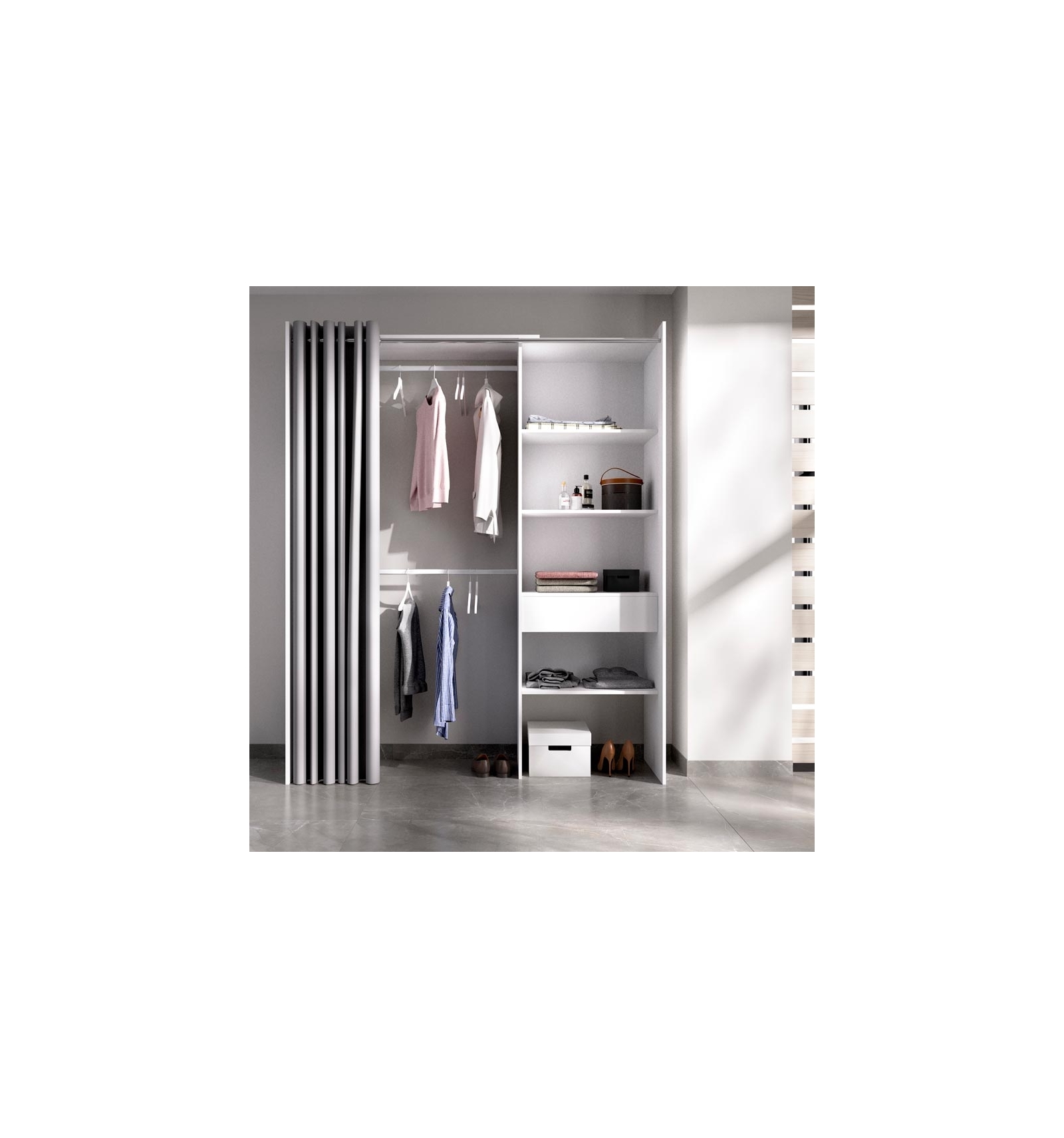 Armoire dressing extensible avec rideau + 4 tiroirs coloris  naturel/graphite - Longueur 100-180 x Hauteur 203 x Profondeur 50 cm