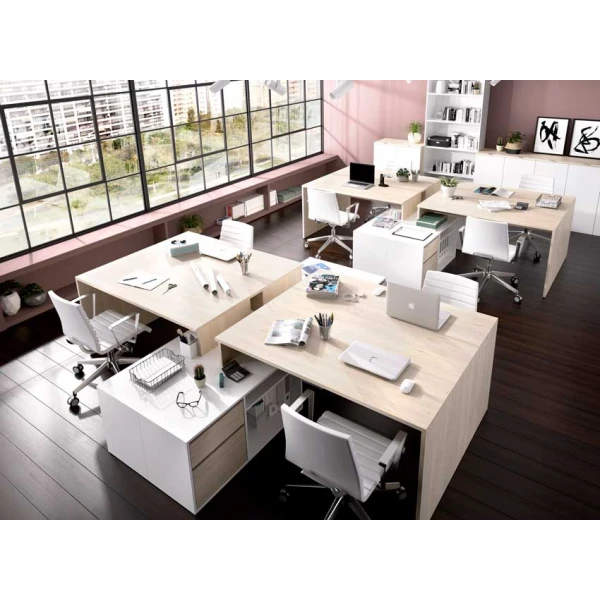 Table de bureau en L avec tiroirs et étagères