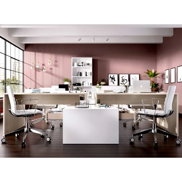 Table de bureau en L avec tiroirs et étagères