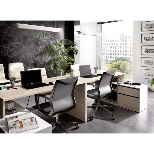 Table de bureau en L avec tiroirs et étagères