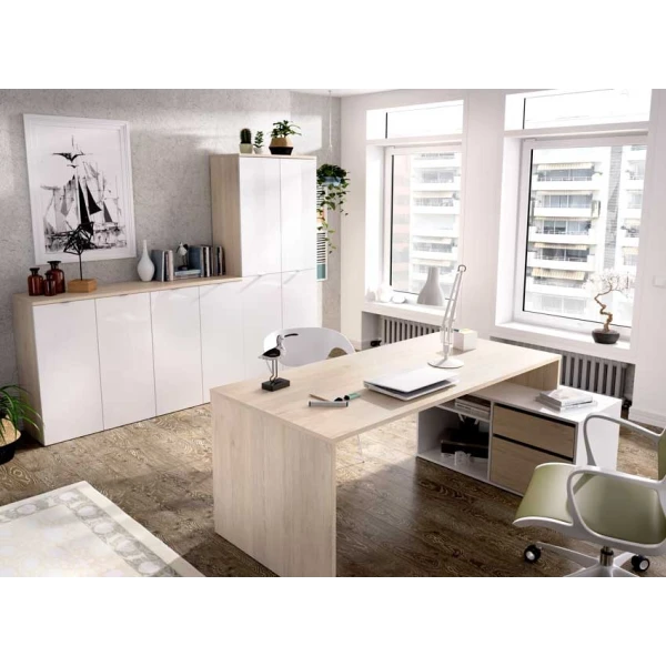 Table de bureau en L avec tiroirs et étagères