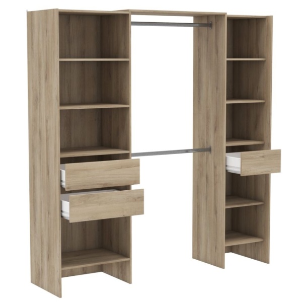 Dressing ouvert de 192 x 50 cm avec 2 barres, 3 tiroirs et 9 étagères. Grande capacité de rangement