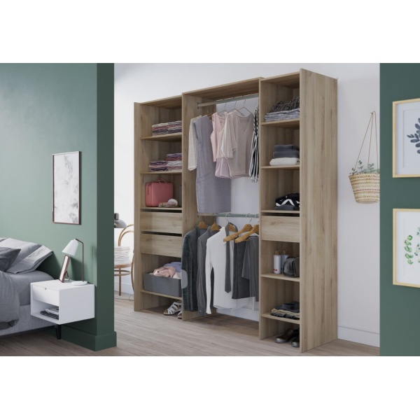 Dressing ouvert de 192 x 50 cm avec 2 barres, 3 tiroirs et 9 étagères. Grande capacité de rangement