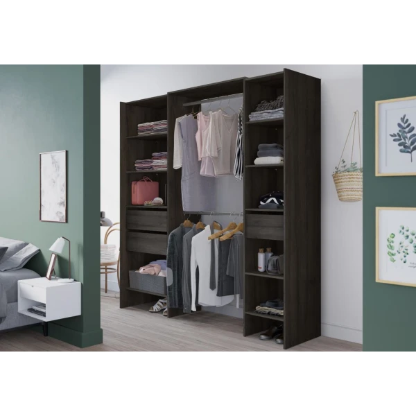 Dressing ouvert de 192 x 50 cm avec 2 barres, 3 tiroirs et 9 étagères. Grande capacité de rangement