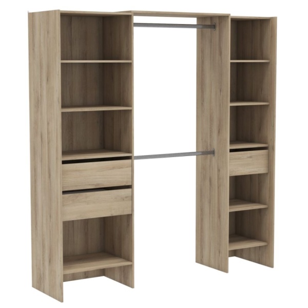 Dressing ouvert de 192 x 50 cm avec 2 barres, 3 tiroirs et 9 étagères. Grande capacité de rangement
