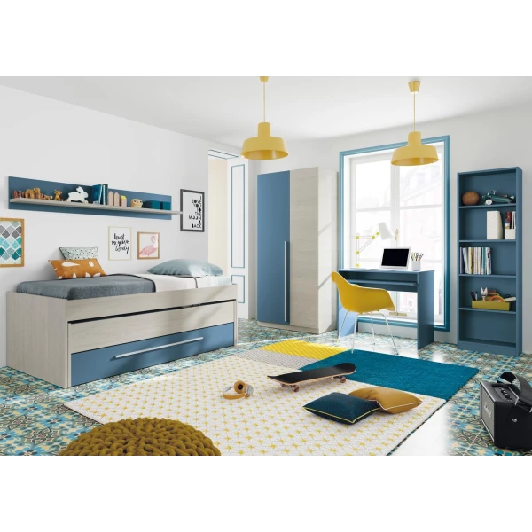 CAMA JUVENIL DOBLE CON CAJÓN Y ESTANTE TRITON