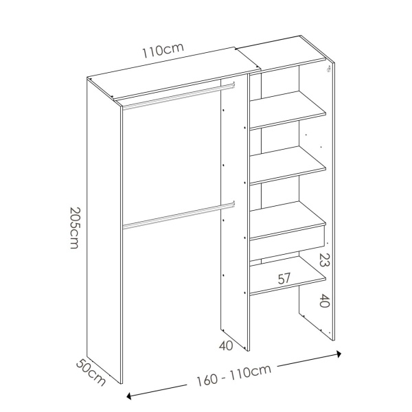 Dressing avec tiroir et rideau moderne. 2 tringles à vêtements. 4 étagères. Armoire ouverte avec rideau.
