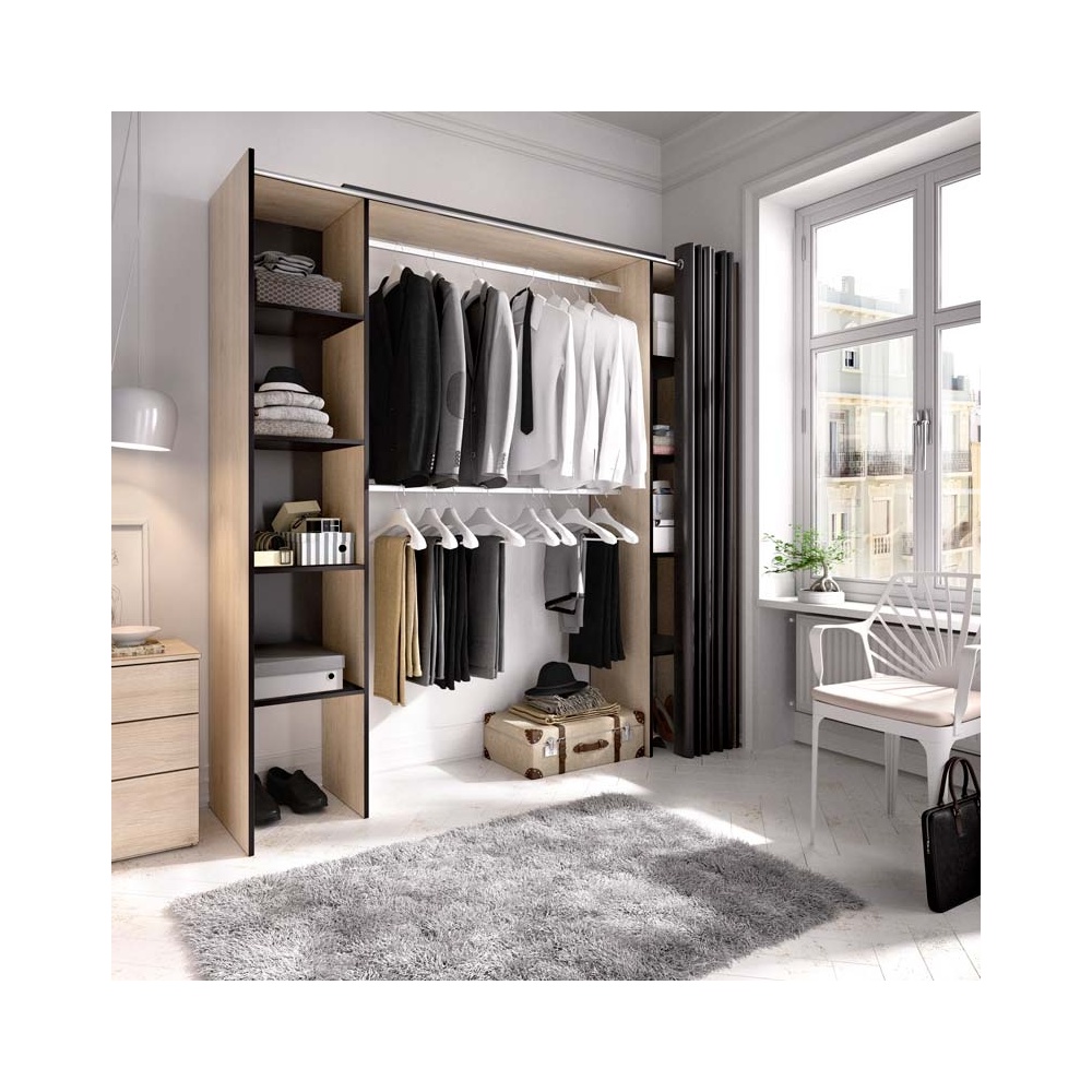 Dressing ouvert avec 2 colonnes et rideau. 2 tringles à vêtements. 10 étagères. Dimension ajustable.