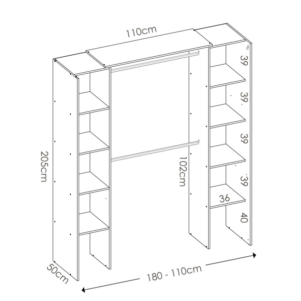 Dressing ouvert avec 2 colonnes et rideau. 2 tringles à vêtements. 10 étagères. Dimension ajustable.