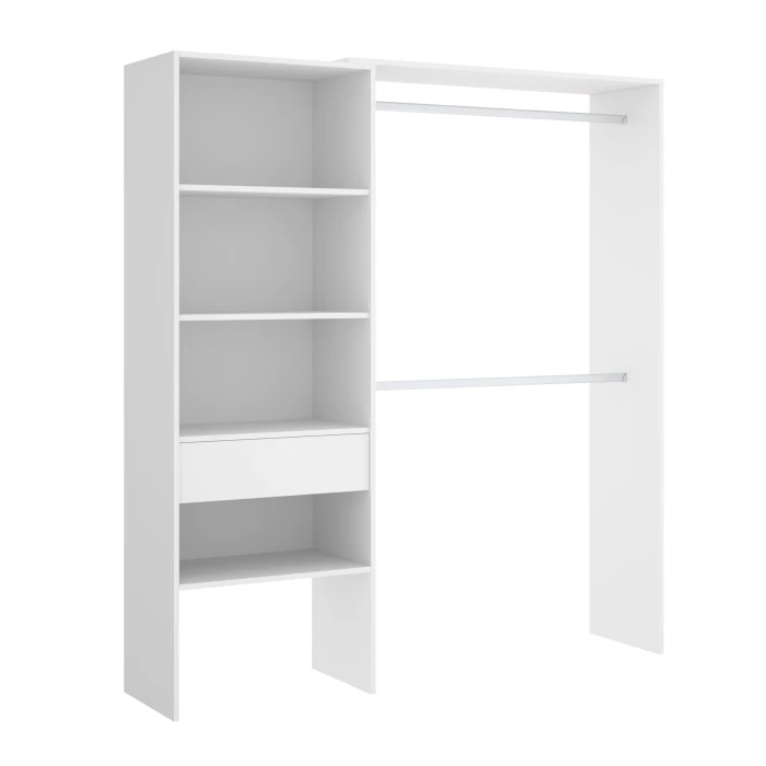 Dressing avec 2 barres, tiroir et 4 étagères. Armoire ouverte ajustable en dimensions.