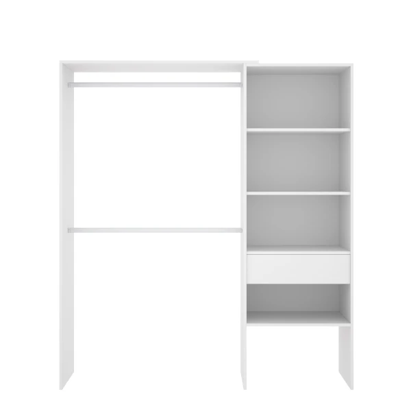 Dressing avec 2 barres, tiroir et 4 étagères. Armoire ouverte ajustable en dimensions.