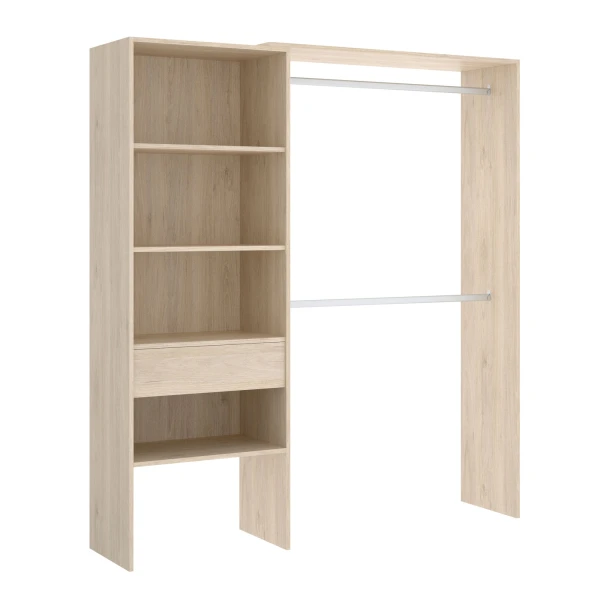 Dressing avec 2 barres, tiroir et 4 étagères. Armoire ouverte ajustable en dimensions.