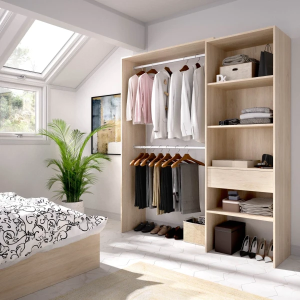 Dressing avec 2 barres, tiroir et 4 étagères. Armoire ouverte ajustable en dimensions.