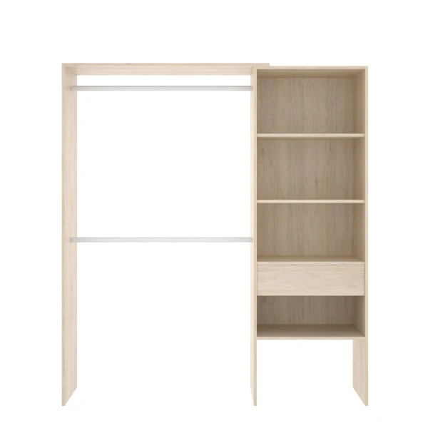 Dressing avec 2 barres, tiroir et 4 étagères. Armoire ouverte ajustable en dimensions.