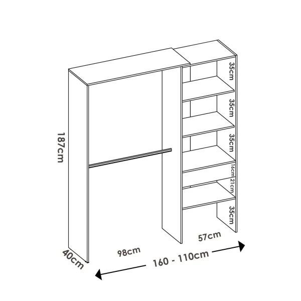 Dressing avec 2 barres, tiroir et 4 étagères. Armoire ouverte ajustable en dimensions.