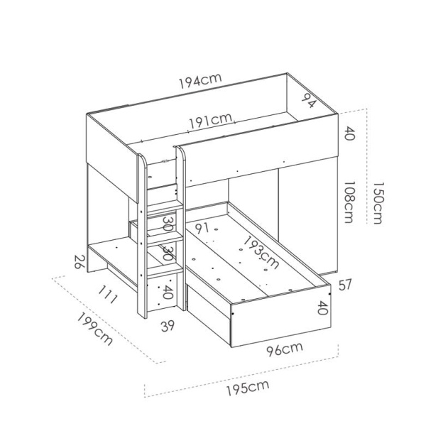 lit superposé train avec tiroirs et armoire