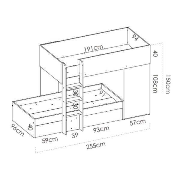 lit superposé train avec tiroirs et armoire