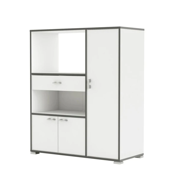 Meuble auxiliaire de cuisine. Emplacement pour micro-ondes. 3 portes, tiroir et étagères. Meuble garde-manger - Armoire.