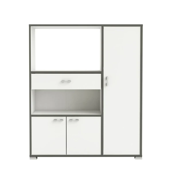 Meuble auxiliaire de cuisine. Emplacement pour micro-ondes. 3 portes, tiroir et étagères. Meuble garde-manger - Armoire.