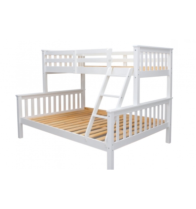Lit superposé matrimonial Arenas Vicawu en bois blanc avec échelle, 90x190 haut et 140x190 bas