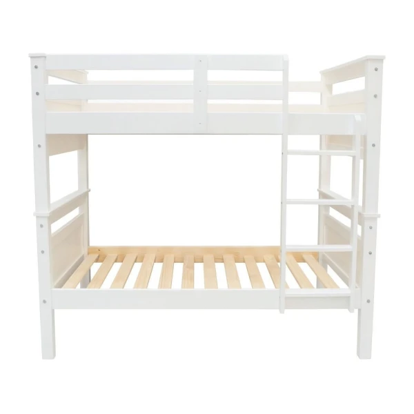 Vue frontale du lit superposé en bois blanc Titan Vicawu 90x190 avec échelle et fond blanc