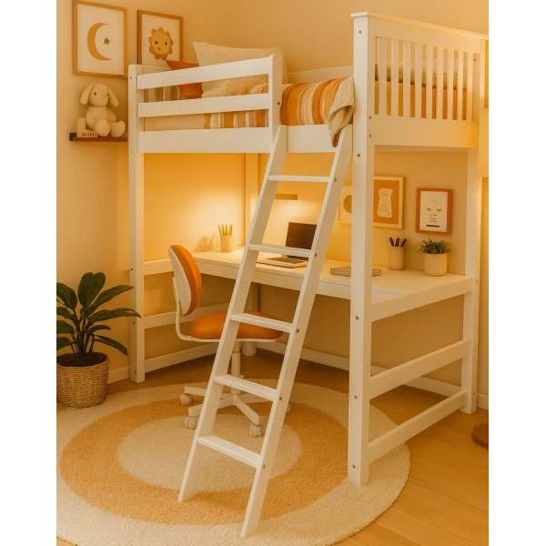 Lit mezzanine blanche avec bureau dans chambre décorée – modèle Sophia Vicawu