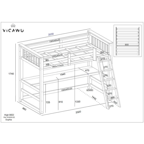 Schéma technique du lit mezzanine avec bureau Sophia Vicawu avec mesures détaillées et dimensions structurelles