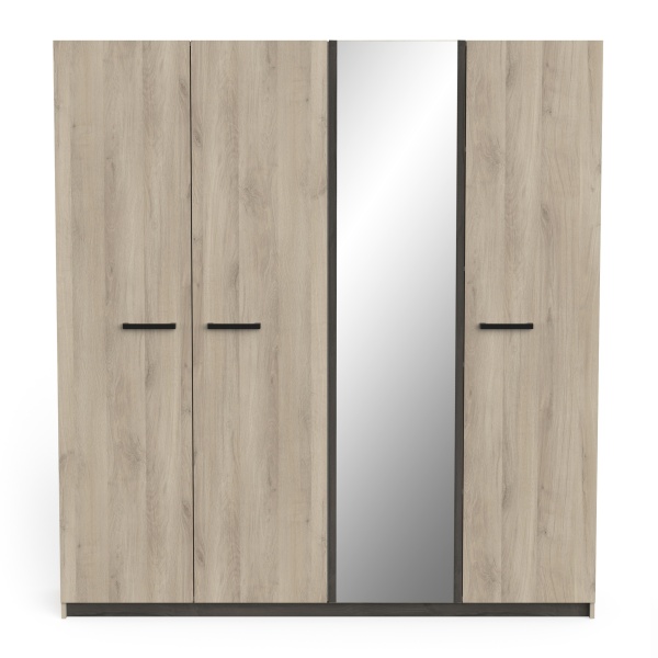Armoire de Chambre Chêne 4 Portes et Miroir Central, Design Moderne