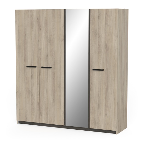 Armoire Chêne 4 Portes avec Miroir, Grand Rangement pour Chambre