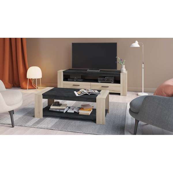 Ensemble de salon Sheffield : meuble TV et table basse assortie, finition chêne et gris