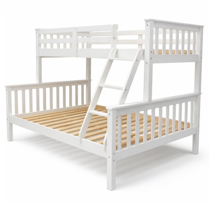 Lit superposé matrimonial Arenas Vicawu en bois blanc avec échelle, 90x190 haut et 140x190 bas