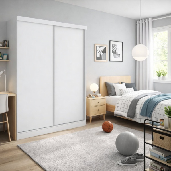 Armoire Soyo à portes coulissantes réversibles blanche, chambre moderne au style minimaliste