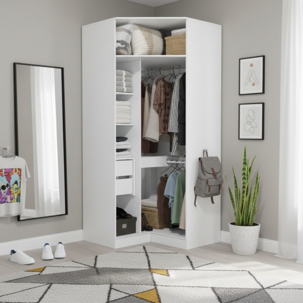 Dressing d’angle Txokoa blanc avec étagères et tringle, armoire d’angle moderne