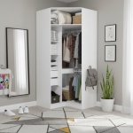 Dressing d’angle Txokoa blanc avec étagères et tringle, armoire d’angle moderne