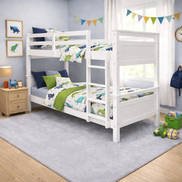 Lit superposé Titan Vicawu blanc en chambre enfant moderne avec linge de lit décoratif