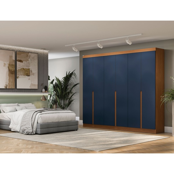 Armoire Esky 6 portes avec tiroirs bleu et chêne, élégante pour chambre moderne