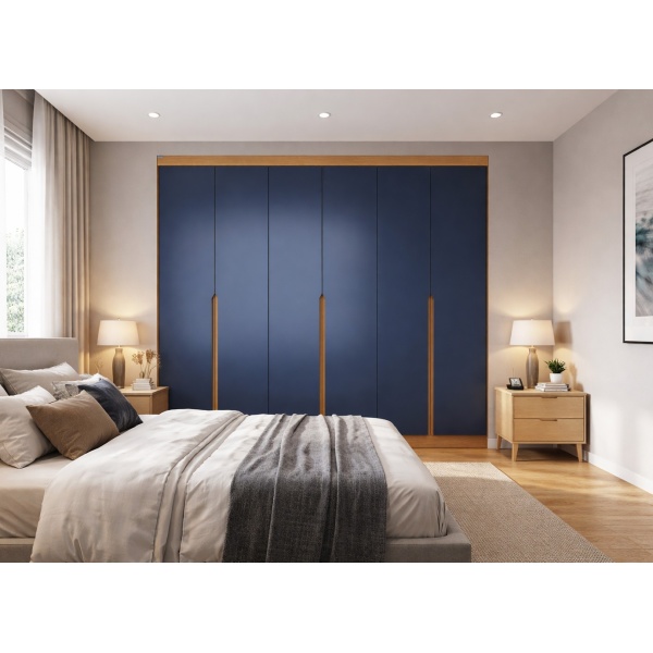 Armoire Esky 6 portes avec tiroirs bleu et chêne, grande capacité et style contemporain