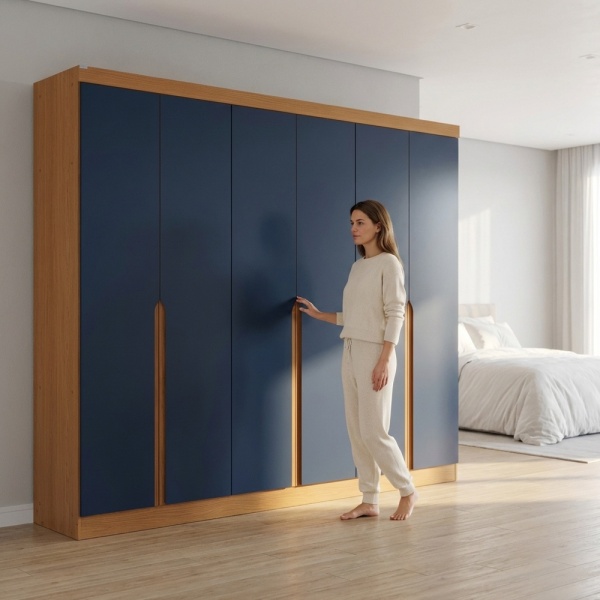 Armoire Esky 6 portes avec tiroirs bleu et chêne, design moderne pour chambre