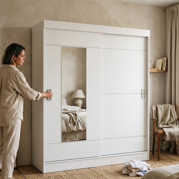 Armoire portes coulissantes 160 x 200 cm avec tiroirs et étagères