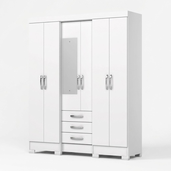 Armoire Antares avec miroir face blanc 6 portes et 3 tiroirs design moderne