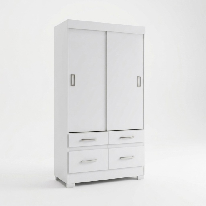 Armoire à portes coulissantes blanche avec quatre tiroirs, barre de suspension et étagères