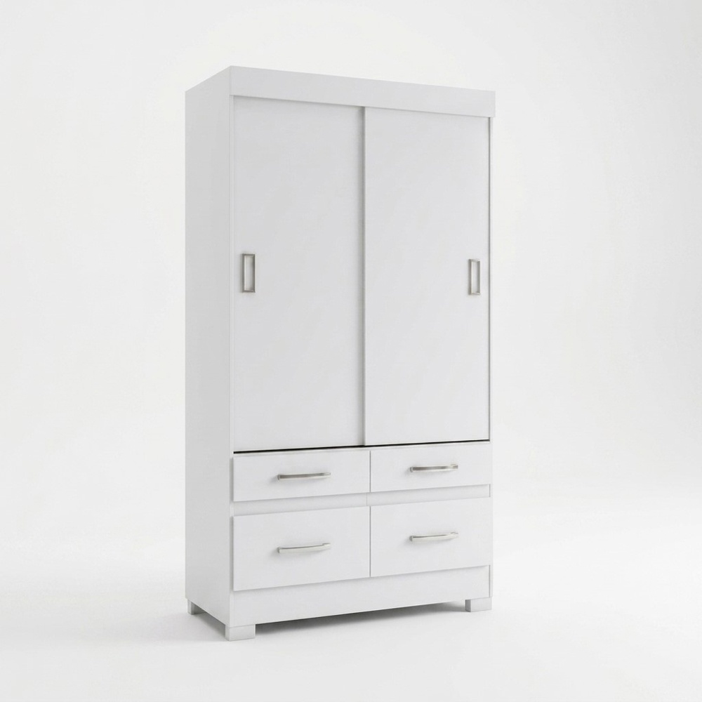 Armoire à portes coulissantes blanche avec quatre tiroirs, barre de suspension et étagères