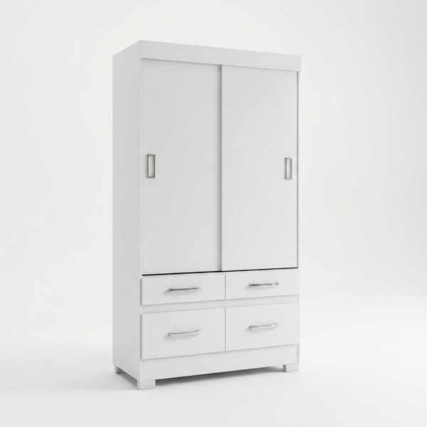 Armoire à portes coulissantes blanche avec quatre tiroirs, barre de suspension et étagères