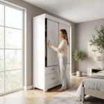 Armoire à portes coulissantes blanche avec quatre tiroirs, barre de suspension et étagères