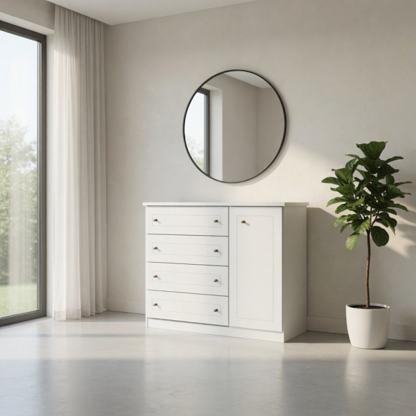 Commode Tilium Vicawu 4 tiroirs blanche dans chambre moderne, avec porte latérale et grande capacité