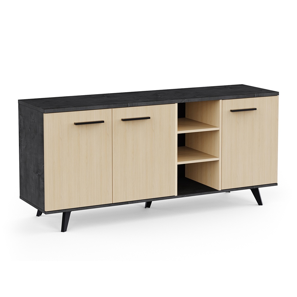 Buffet 3 portes Keny Vicawu en bois clair et gris graphite avec étagères et pieds métalliques modernes
