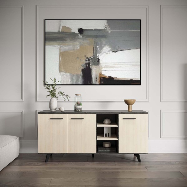 Buffet Keny Vicawu 3 portes dans salon moderne, meuble en bois clair et gris graphite élégant