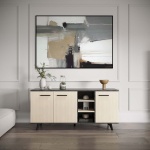 Buffet Keny Vicawu 3 portes dans salon moderne, meuble en bois clair et gris graphite élégant