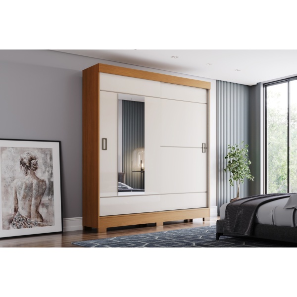 Armoire avec tiroirs Bayron en chêne cannelle naturel et beige, design moderne portes coulissantes